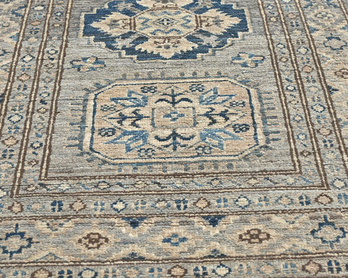 11 Ft Gray Kazak Afghan Hand Knotted Geometric Wool Runner Rug